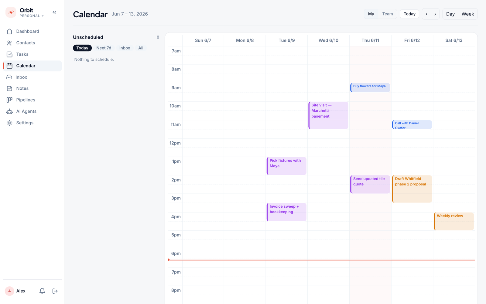 Month calendar — scheduled tasks and events, synced with Google