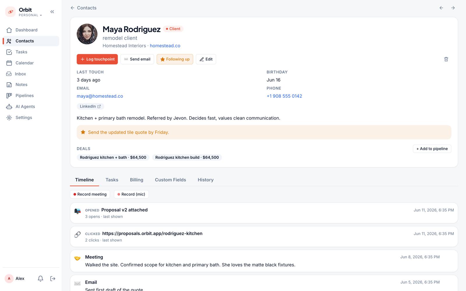 A contact's profile — local time, follow-up flag, linked deal, and timeline