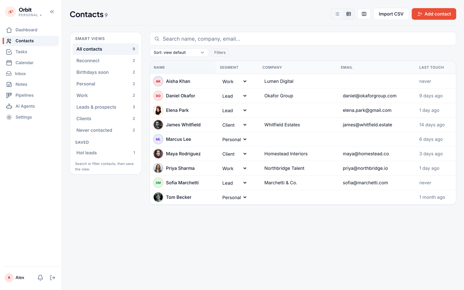 Contacts list with segments, smart views, and per-contact avatars
