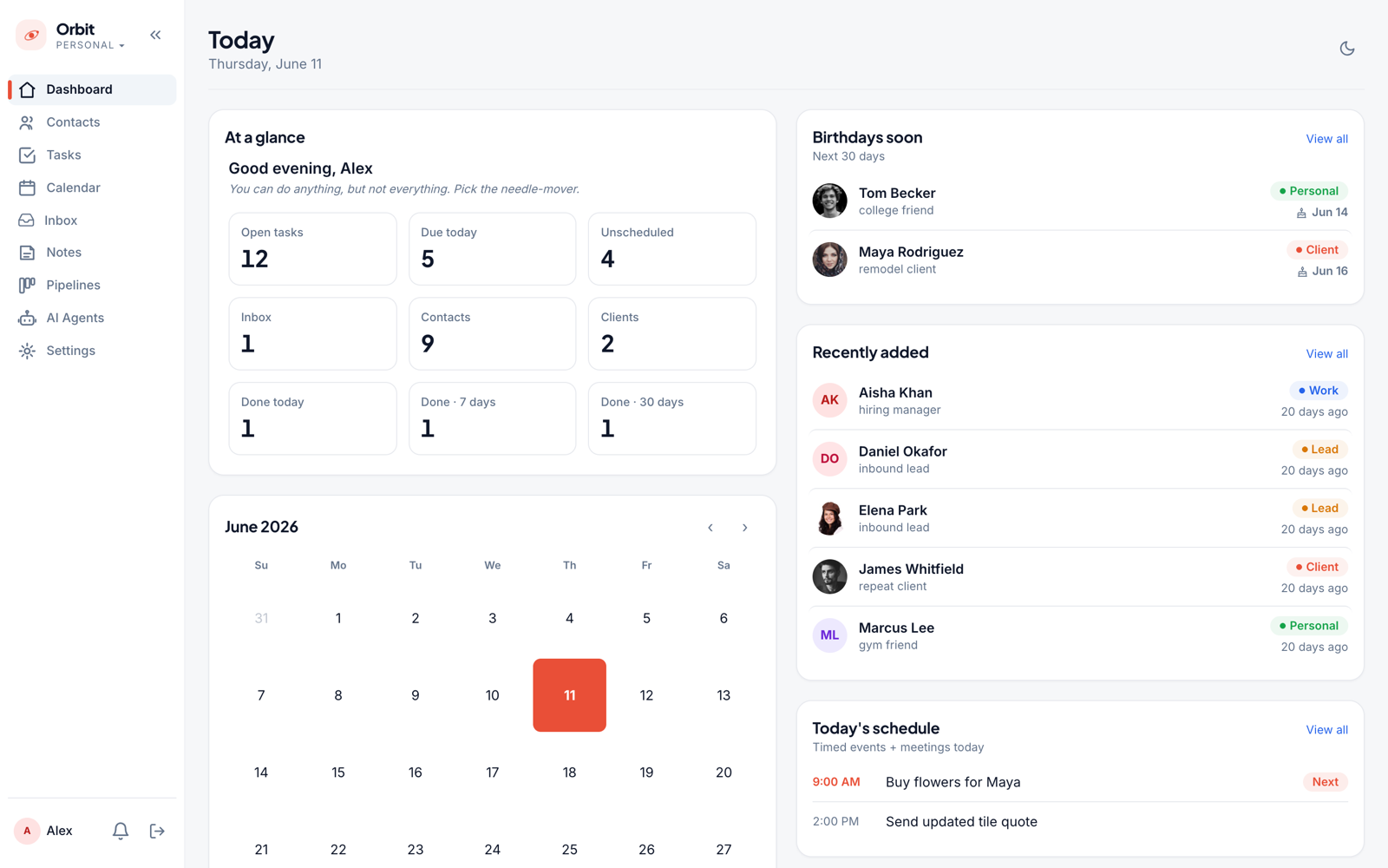 Dashboard — at-a-glance stats, calendar, pipeline, and today's tasks