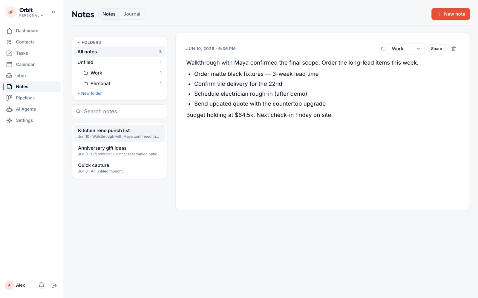 Notes — meeting notes and ideas, with @mentions that link to contacts