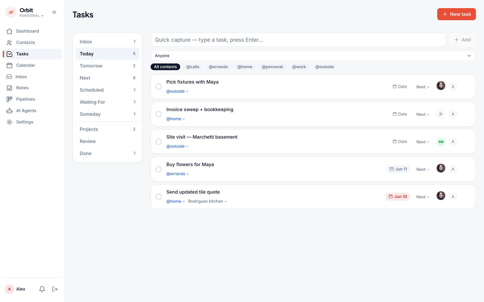 Today view — next actions due today, pulled from the GTD lists